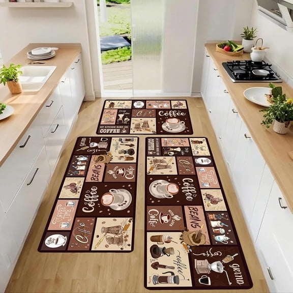 Kitchen Mats for Floor, Non Slip Washable Kitchen Rugs Sets of 3, Coffee Farmhouse Cushioned Stain Resistant Kitchen Runner Rug for Kitchen Floor, Laundry Room, Bathroom, Entryway Carpet Decor