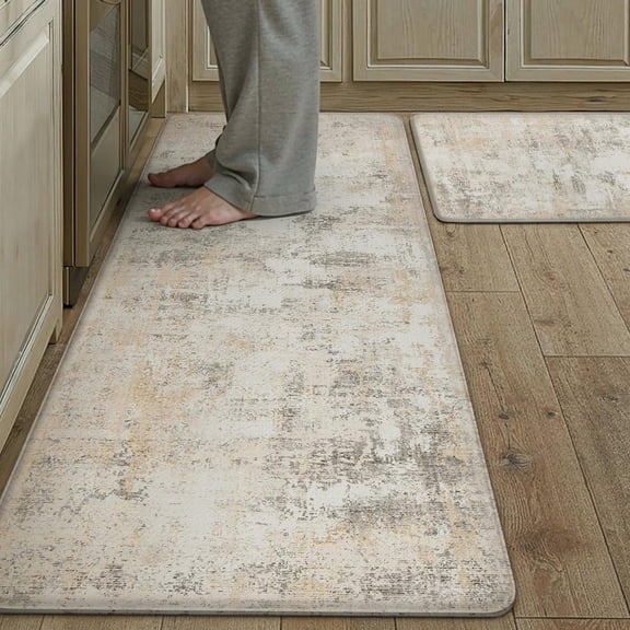 Kitchen Mats for Floor Set of 2 Anti Fatigue Waterproof Kitchen Rug Beige Grey Abstract Cushioned Non-Slip Kitchen Mats Comfort Standing Neutral Mat for Sink Laundry Office 17.3"47"+17.3"30"