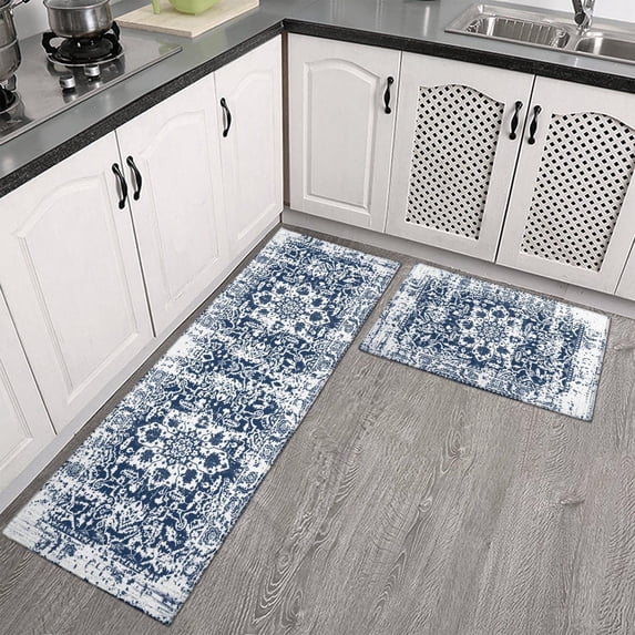 Kitchen Mats for Floor Set of 2 Pieces Persian Blue Oriental Snowflake Kitchen Rugs and Mats Non Skid Washable Kitchen Floor Mat(17" Wx30 L+17" Wx 47" L)