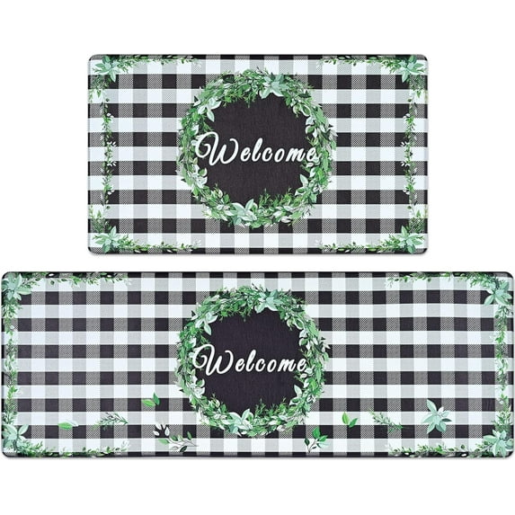 Kitchen Mats for Floor Set of 2, Spring Leaf Kitchen Rugs, Cushioned Anti Fatigue Mats for Kitchen Floor Mat, Kitchen Floor Mat, Buffalo Plaid Kitchen Rug and Mats Non Skid Waterproof
