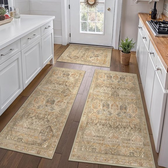 Kitchen Mats for Floor Set of 3 Non-Slip Washable, Waterproof Lightweight Kitchen Rugs, Kitchen Floor Mat Runner Rug Carpet for Laundry, Sink, Bathroom, Hallway, Entryway, Wood Brown