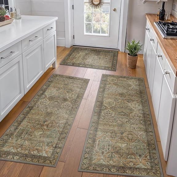 Kitchen Mats for Floor Set of 3 Non-Slip Washable, Waterproof Lightweight Kitchen Rugs, Kitchen Floor Mat Runner Rug Carpet for Laundry, Sink, Entryway, Hallway, Bathroom, Brown Green