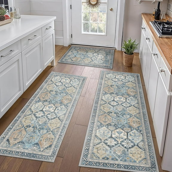 Kitchen Mats for Floor Set of 3 Non-Slip Washable, Waterproof Lightweight Kitchen Rugs, Kitchen Floor Mat Runner Rug Carpet for Laundry, Sink, Hallway, Bathroom, Entryway, Blue