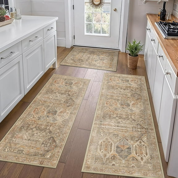 Kitchen Mats for Floor Set of 3 Non-Slip Washable, Waterproof Lightweight Kitchen Rugs, Kitchen Floor Mat Runner Rug Carpet for Laundry, Sink, Hallway, Bathroom, Entryway, Wood Brown