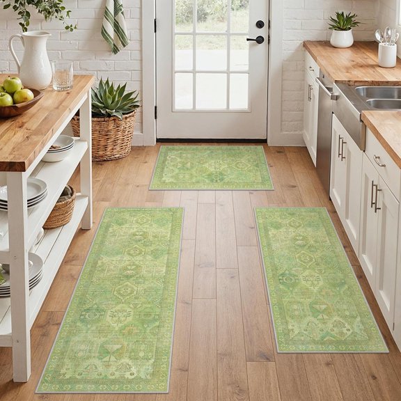 Kitchen Mats for Floor Set of 3 Non-Slip Washable, Waterproof Lightweight Kitchen Rugs, Kitchen Floor Mat Runner Rug Carpet for Laundry, Sink, Hallway, Bathroom, Entryway, Spring Green