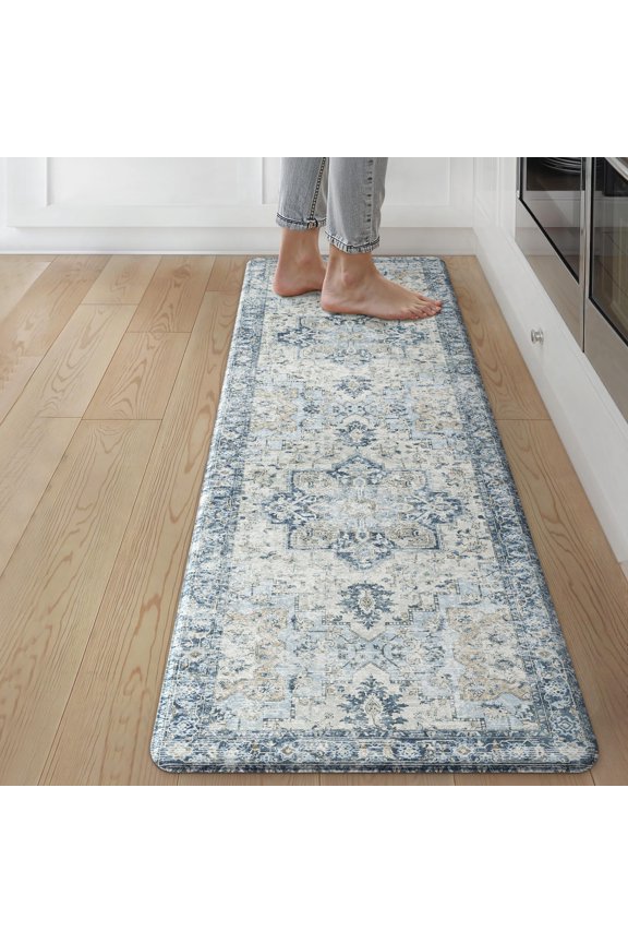 Kitchen Mats For Floor Washable Anti Mat Cushioned 17.3"x59" Waterproof Rugs Non Slip Foam Comfort Standing Rug Home Runner Sink Office Laundry Light Blue
