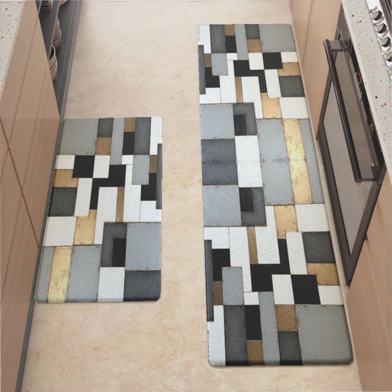 Kitchen Mats For Floor,Geometric Abstract Art Black Gold Grey Kitchen ...