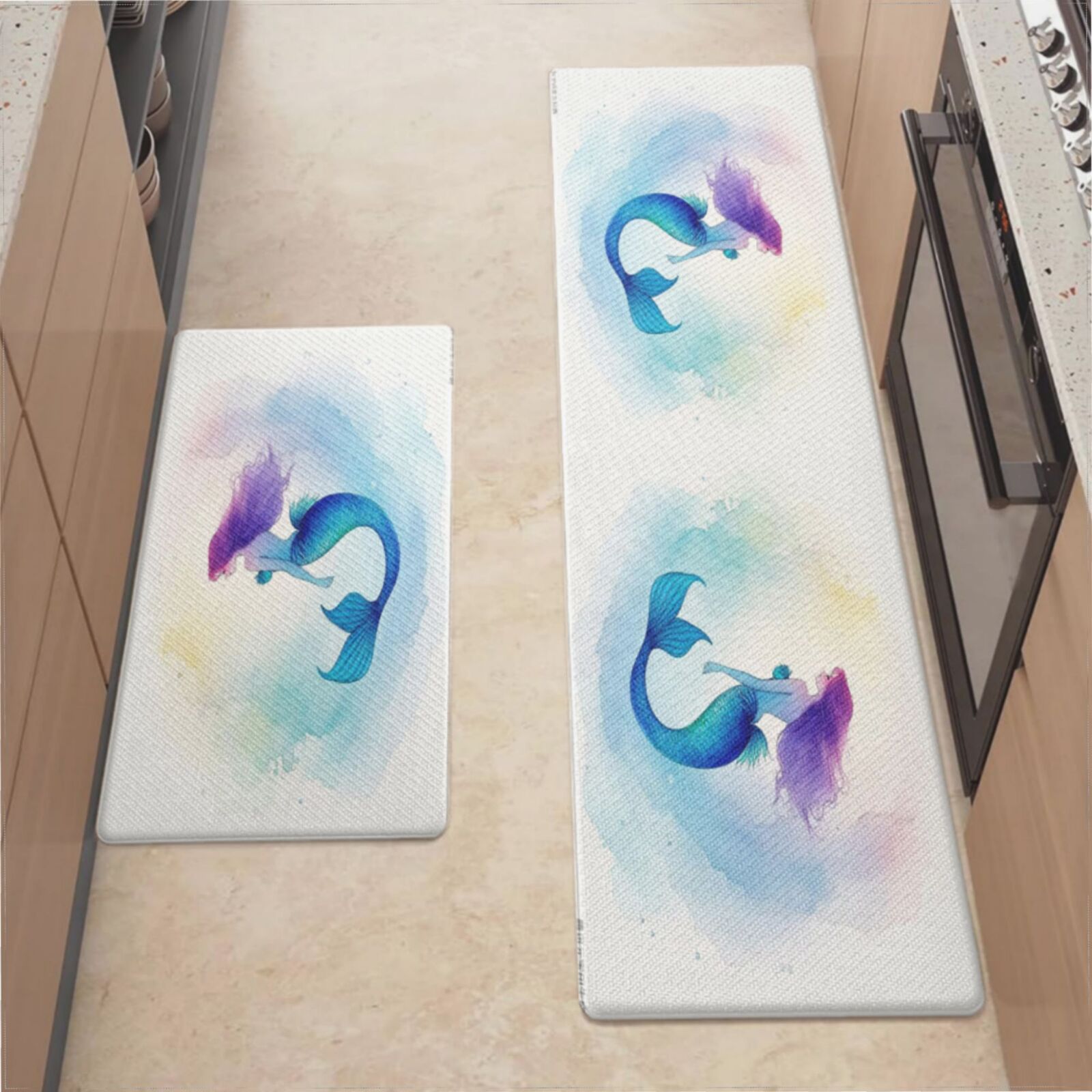 Kitchen Mats For Floor,Mermaid With Long Cyan Hair Kitchen Rug For ...