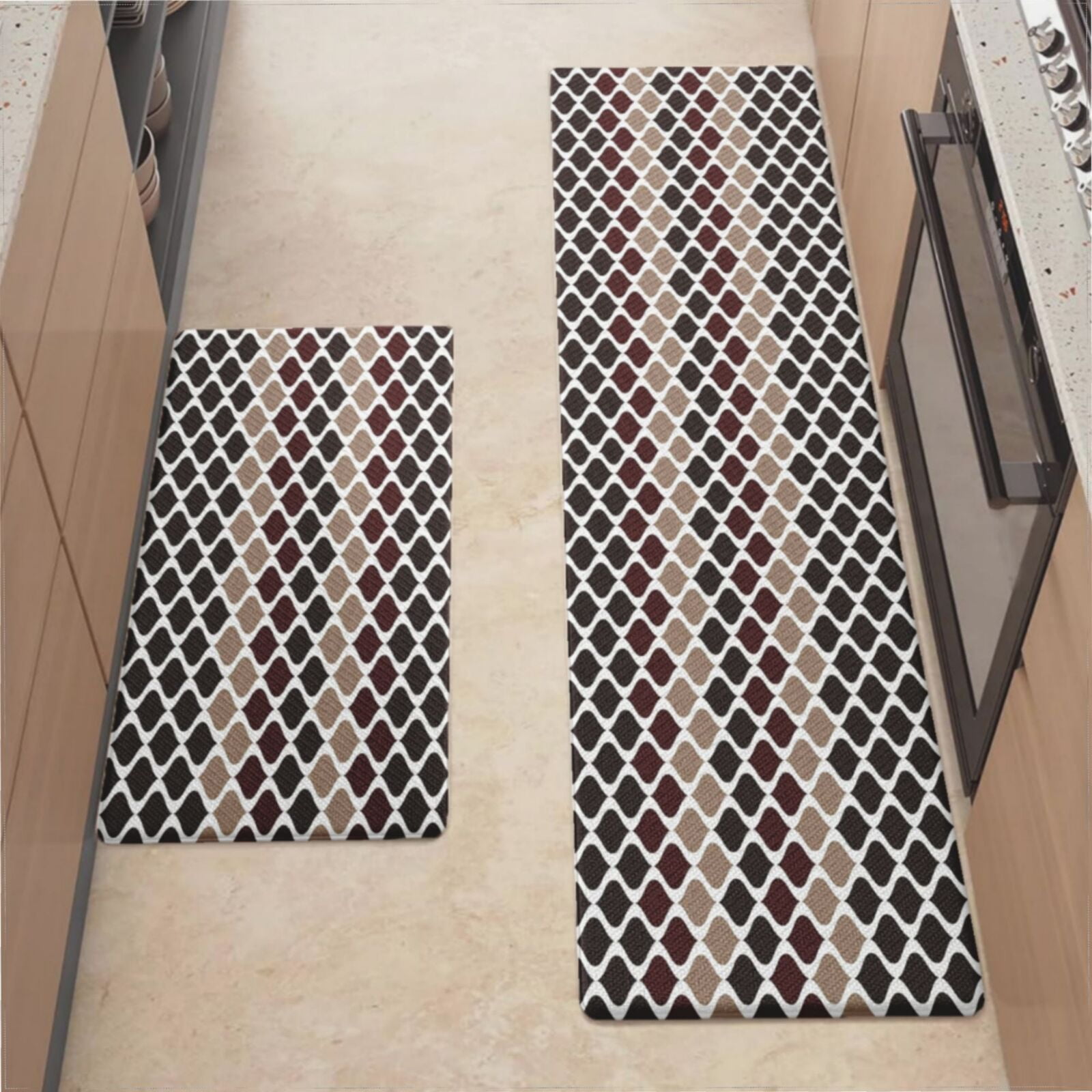 Kitchen Mats For Floor,Moroccan Texture Wave Geometry Dark Red Brown ...