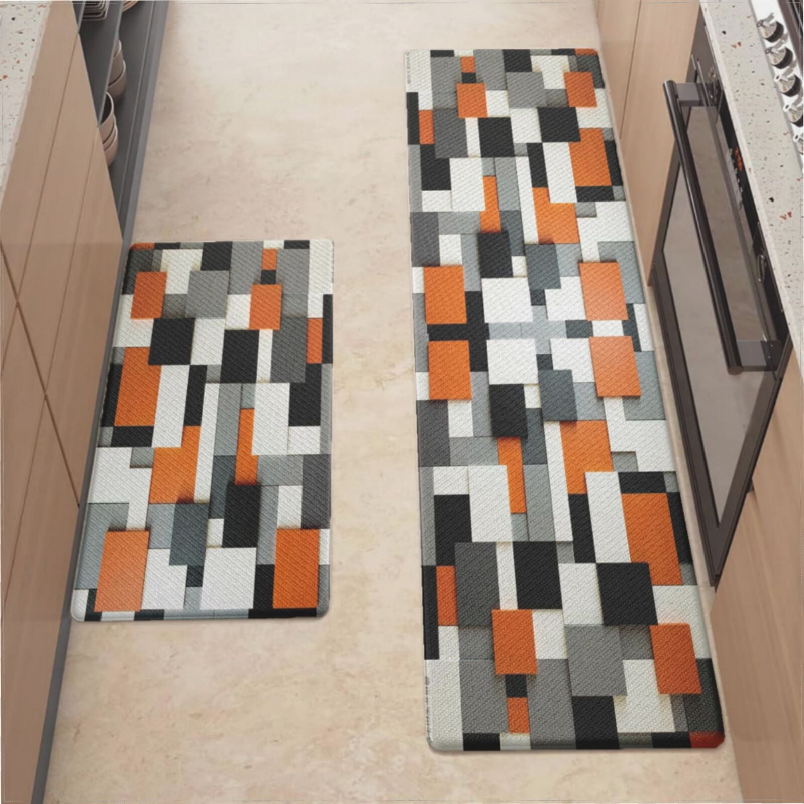 Kitchen Mats For Floor,Orange White Black Grey Geometric Square Kitchen ...