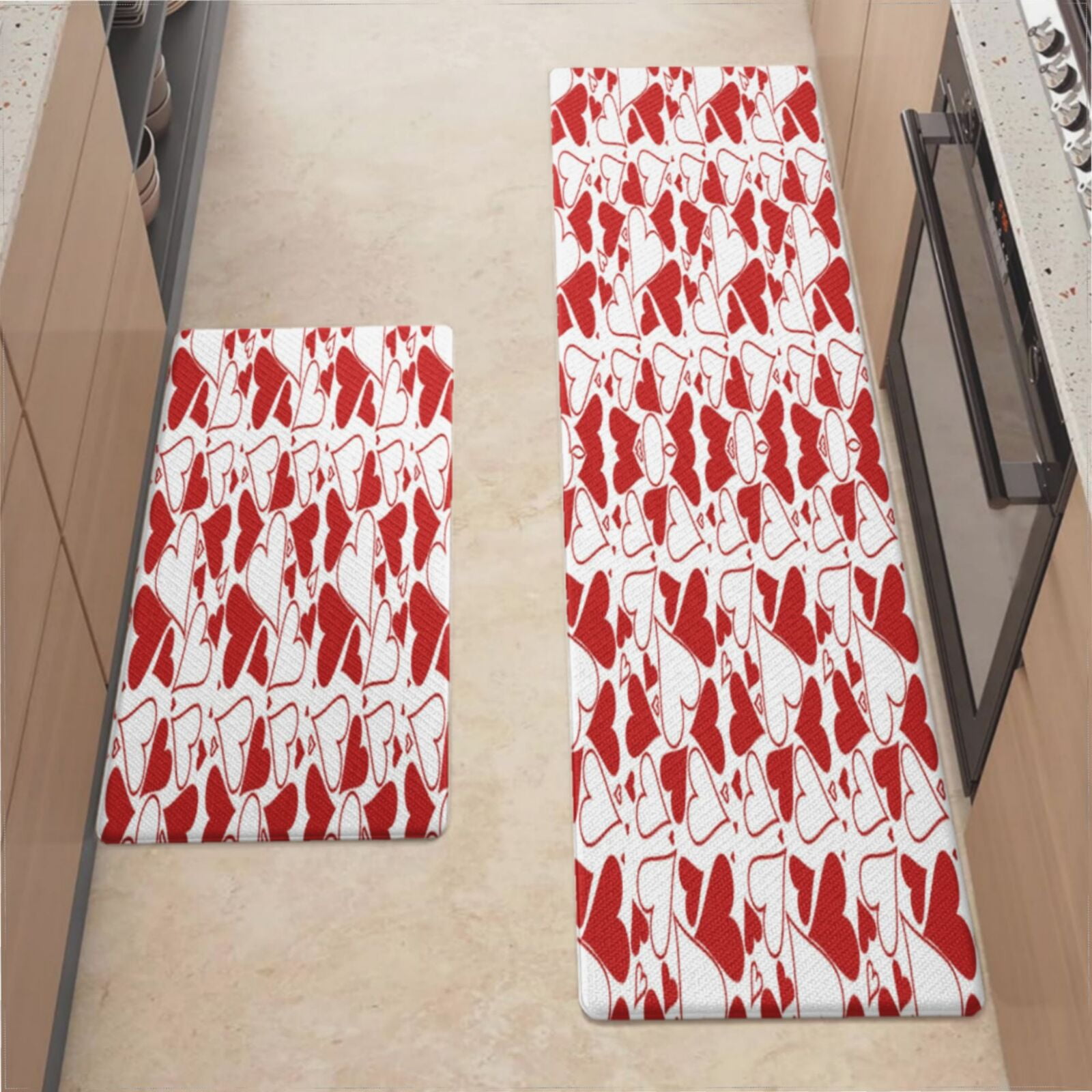 Kitchen Mats For Floor,Red And White Heart Pattern Kitchen Rug For ...