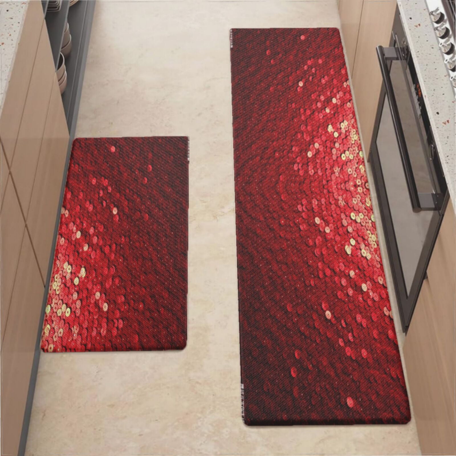Kitchen Mats For Floor,Red Paillette Sequin Pattern Kitchen Rug For ...