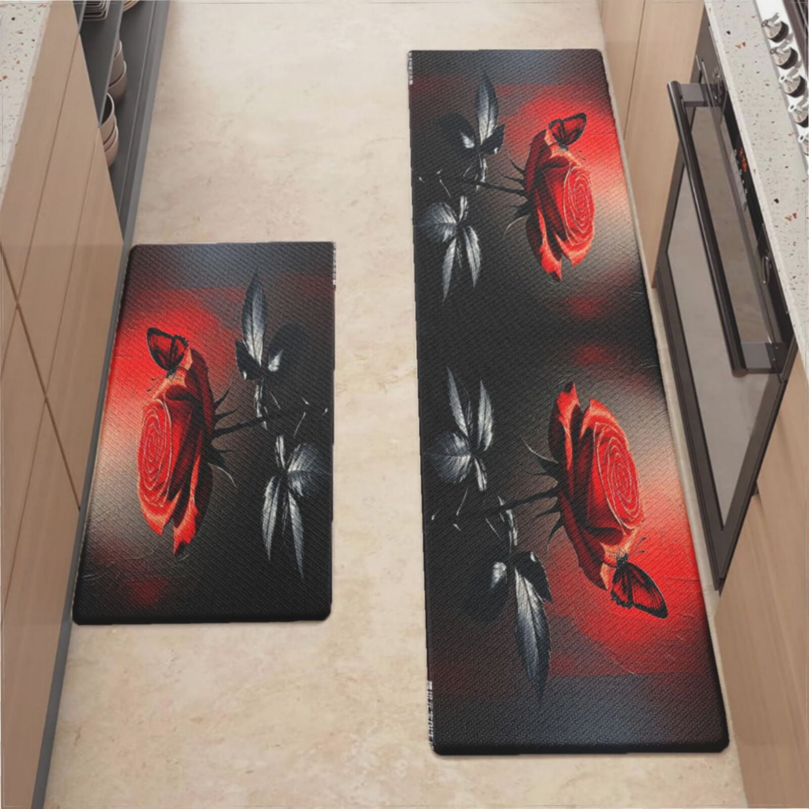 Kitchen Mats For Floor,Romantic Rose Butterfly Grey And Red Kitchen Rug ...