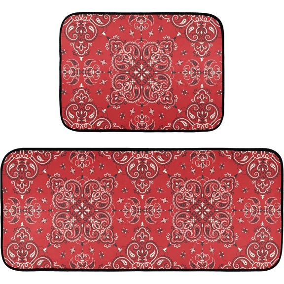 Kitchen Mats Rugs 2 Piece Set Bath Mat Antifatigue Cushioned Paisley Bandana Boho Red for Floor Non Slip Washable