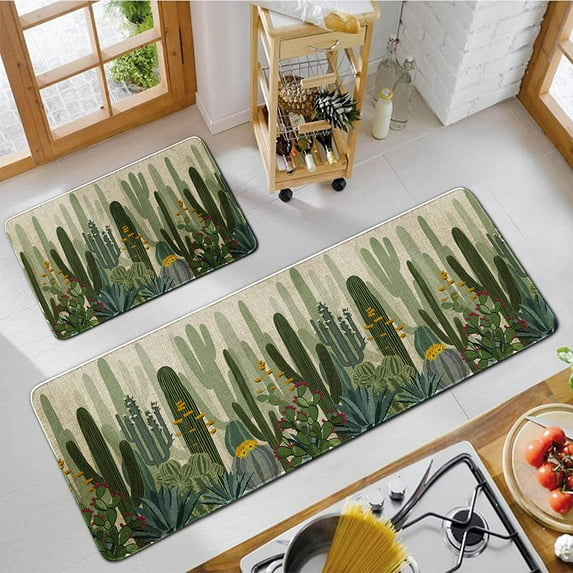 Kitchen Mats and Rugs Non Skid Washable 2 Pieces Natural Rubber Boho Kitchen Mats for Floor Runner Rugs Standing Mat Set (17" Wx30 L+17" Wx 47" L Palm Tree Leaves)