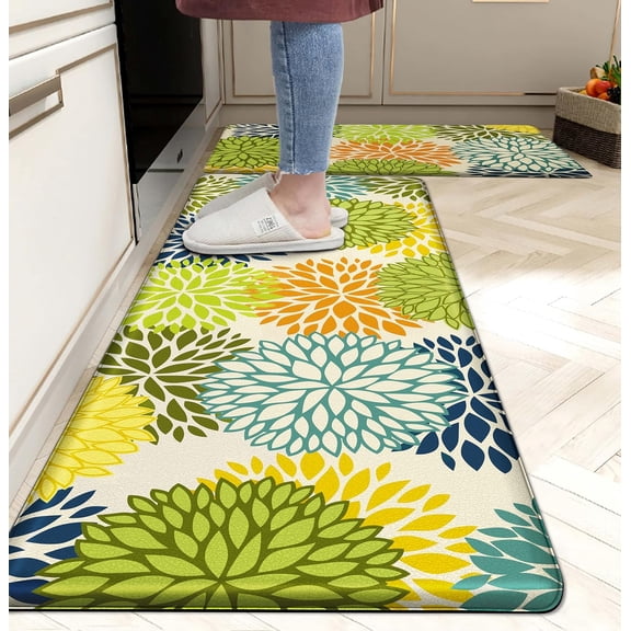 Kitchen Mats Set of 2 Cushioned Anti Fatigue Kitchen Rugs Mats Non Slip Waterproof Kitchen Runner Memory Foam Floor Mat Comfort Standing Mat for Sink,Office,Laundry, Multi Green