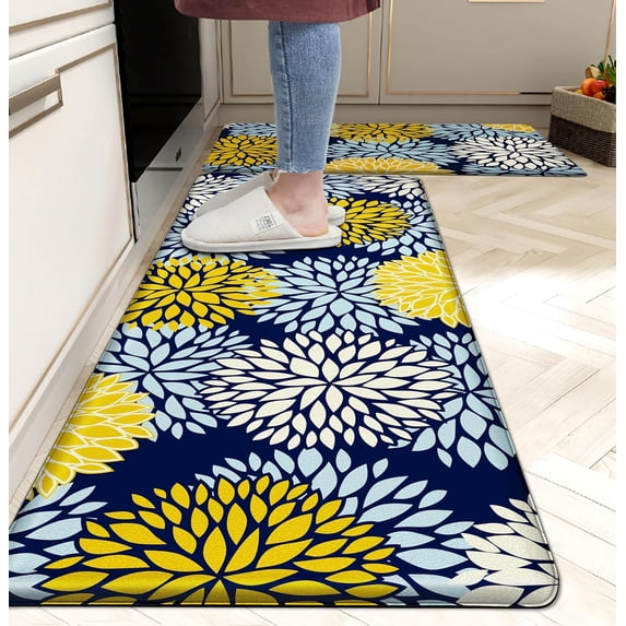 Kitchen Mats Set of 2 Cushioned Anti Fatigue Kitchen Rugs Non Slip Waterproof Kitchen Runner Memory Foam Floor Mat Comfort Standing Mat for Sink,Office,Laundry, Navy Yellow