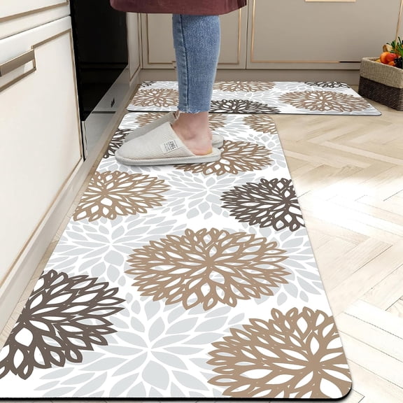Kitchen Mats Set of 2 Cushioned Anti Fatigue Kitchen Rugs Waterproof Non Slip Kitchen Runner PVC Leather Memory Foam Dahlia Kitchen Floor Mat Comfort Standing Mat, 17.3''''x 28''''+17.3'''' x 47''''