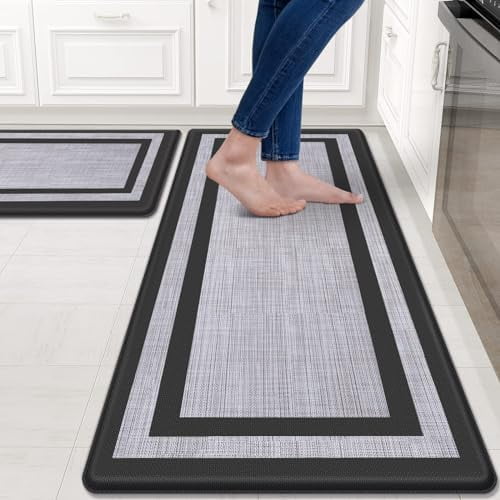 Kitchen Mats Set of 2,Cushioned Anti-Fatigue Non-Skid Rug Sets Ergonomic Comfort Standing Mat for Kitchen, Floor, Office, Sink, Laundry, Black and Gray