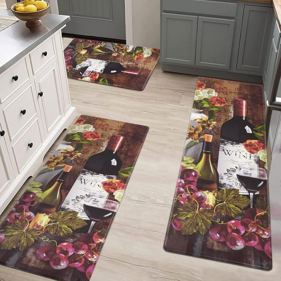Kitchen Mats Set of 3, Wine Grape Cushioned Anti-Fatigue Kitchen Rugs Mats Non Slip Memory Foam Kitchen Rugs Waterproof Kitchen Floor Comfort Mat Rustic 18" x 30" + 18" x 48" + 18" x 60"
