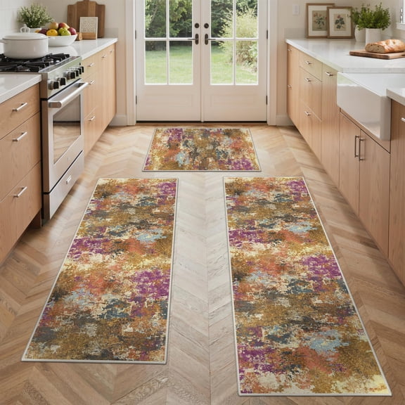 Kitchen Mats Set Gold Ename Thyst 20"x32"+20"x48"+20"x59" Multi-Space Use