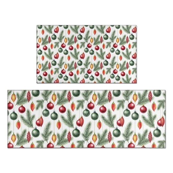 Kitchen Mats Set Of 2, Anti-Fatigue Cushioned Non-Slip Comfort Rugs for Kitchen and Office,Christmas Ornament Pine Branch White Pattern