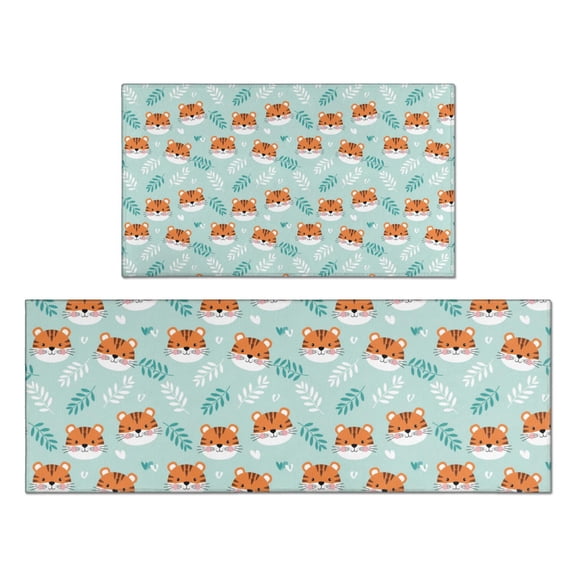 Kitchen Mats Set Of 2, Anti-Fatigue Cushioned Non-Slip Comfort Rugs for Kitchen and Office,Tiger Leaf Heart Light Blue Pattern