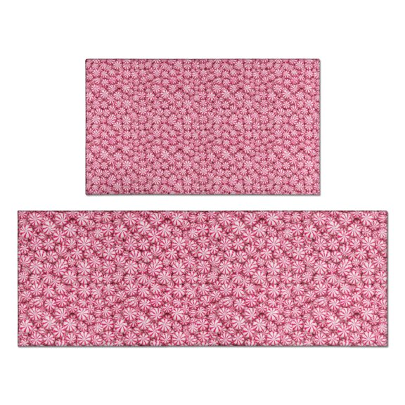 Kitchen Mats Set Of 2, Anti-Fatigue Cushioned Non-Slip Comfort Rugs for Kitchen and Office,Tight Peppermint Disc Red White Dense Holiday Grid