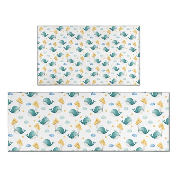 Kitchen Mats Set Of 2, Anti-Fatigue Cushioned Non-Slip Comfort Rugs for Kitchen and Office,Whale Balloon Cloud Green Pattern