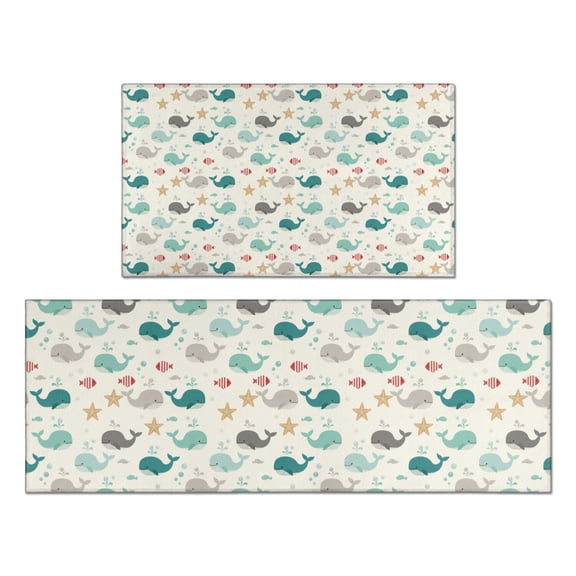 Kitchen Mats Set Of 2, Anti-Fatigue Cushioned Non-Slip Comfort Rugs for Kitchen and Office,Whale Starfish Fish Beige Pattern