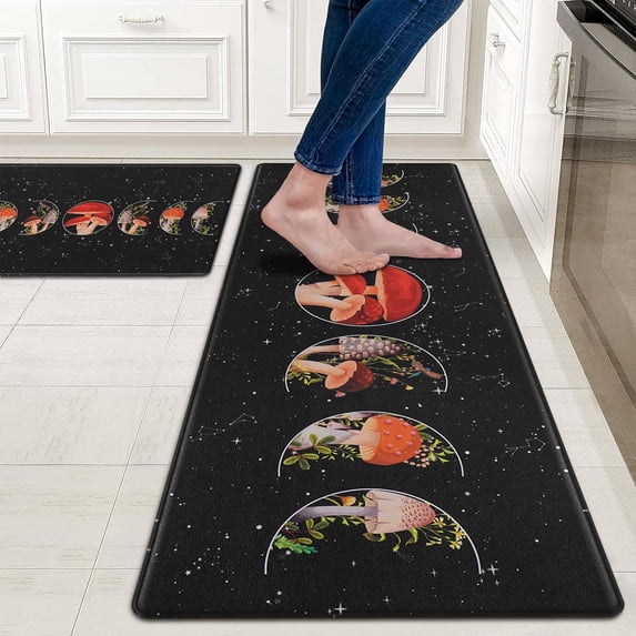 Kitchen Mats Set of 2, Moon Phase Mushroom Black Kitchen Rugs Anti Fatigue Kitchen Mats for Floor, Non Slip Kitchen Rug Waterproof 17"X29.5"+17"X47"