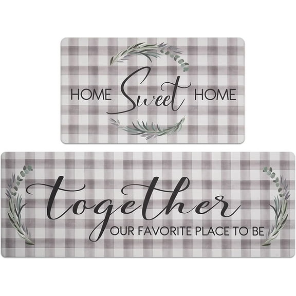 Kitchen Mats Sets 2 Piece Cushioned Anti-Fatigue Comfort Mat for Home & Office Ergonomically Engineered Memory Foam Kitchen Rug Waterproof Non-Skid, 30" by 17" + 47" by 17", Check Sweet Home