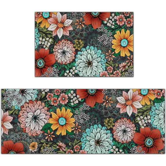 Kitchen Mats Sets 2 Piece,Cushioned Anti Fatigue Kitchen Mats, Washable Kitchen Rugs,Non-Slip Kitchen Floor Mats,Boho Floral Kitchen Rugs,Colorful Flowers Kitchen Mats,17.3"x30"+17.3"x47"