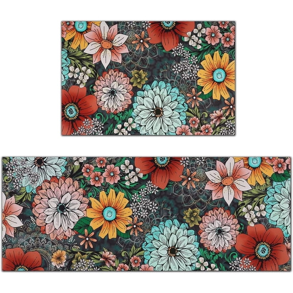 Kitchen Mats Sets 2 Piece,Cushioned Anti Fatigue Kitchen Mats， Washable Kitchen Rugs,Non-Slip Kitchen Floor Mats,Boho Floral Kitchen Rugs,Colorful Flowers Kitchen Mats,17.3"x30"+17.3"x47"