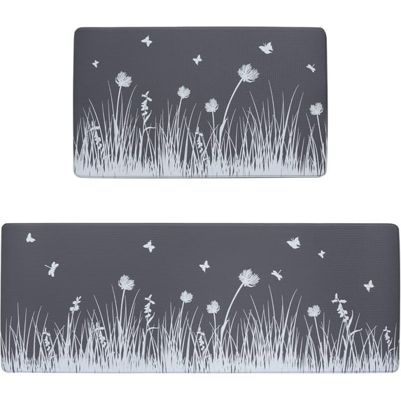 Kitchen Mats for Floor 2 Pack, Waterproof Non Slip PVC Cushioned Rug Sets 17"x47"+17"x29", Butterflies and Flowers