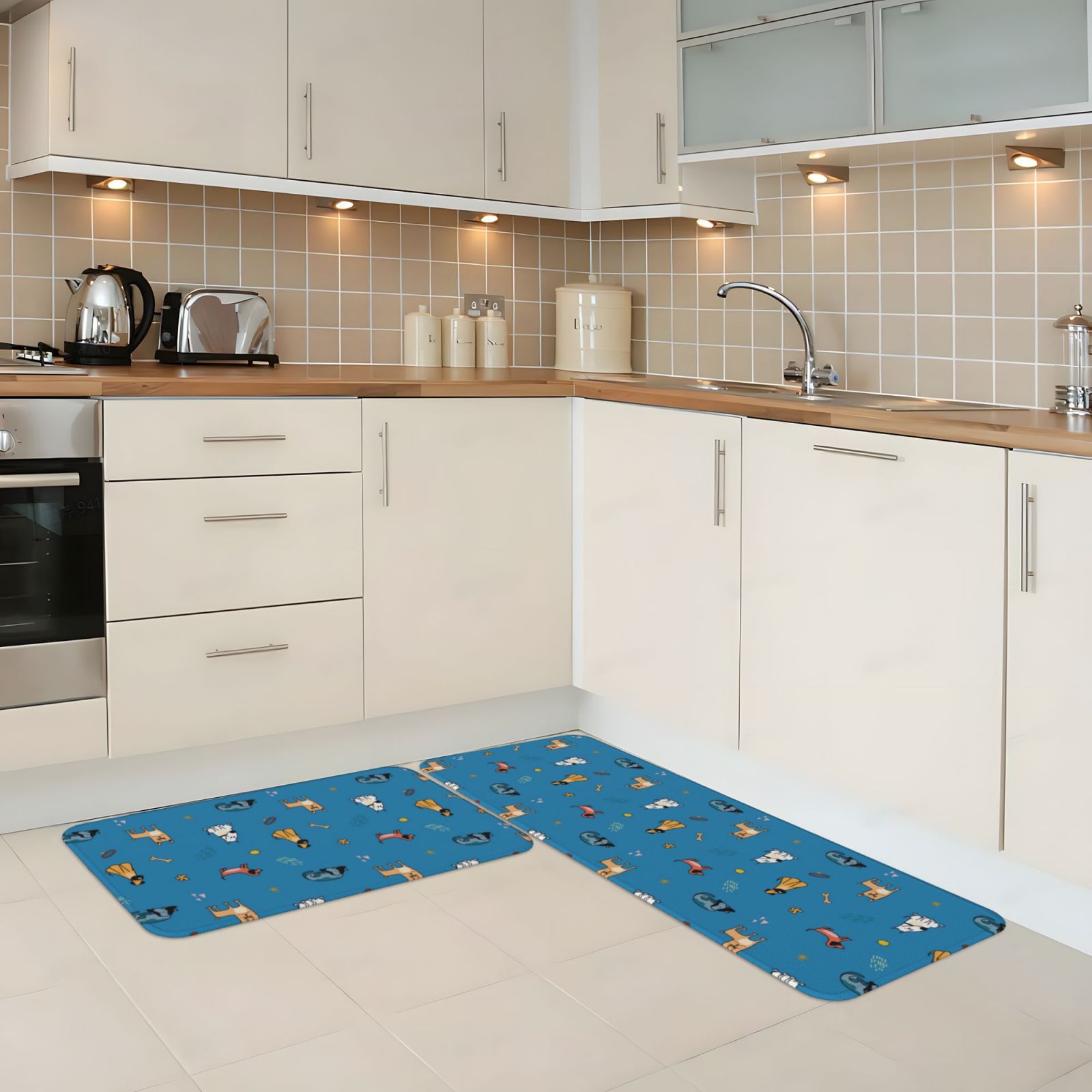 Kitchen Mats for Floor 2 Piece, Cute Dog Puppy Blue Mats for Kitchen