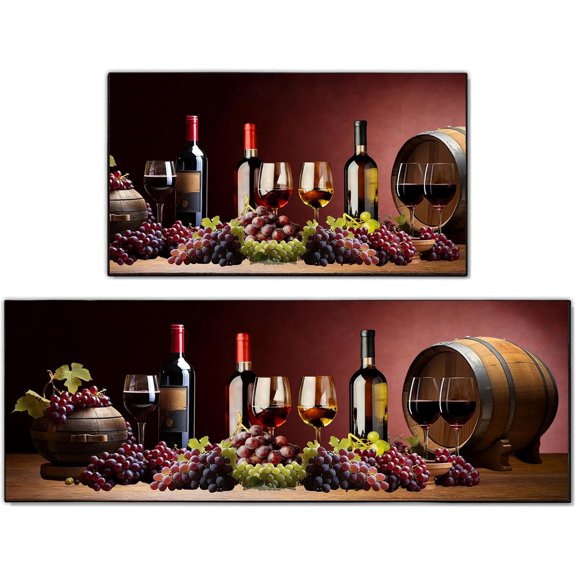 Kitchen Mats for Floor 2 Piece Set,Farmhouse Kitchen Rug Vintage Style Theme Decor,Absorbent Washable Non-Slip Floor Mats (Red Wine)