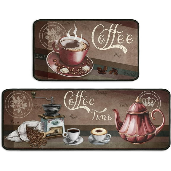 Kitchen Mats for Floor Kitchen Rugs Sets of 2 Non Slip Washable Brown Coffee Kitchen Rugs Anti Fatigue 47x17 Inch and 29x17