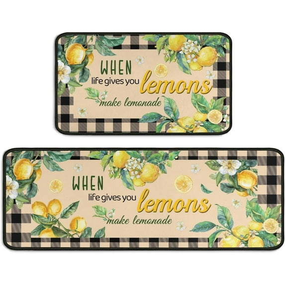 Kitchen Mats for Floor Lemon Kitchen Rugs Sets of 2 Non Slip Absorbent Washable Kitchen Rugs Anti Fatigue 17"x47"+17"x30"