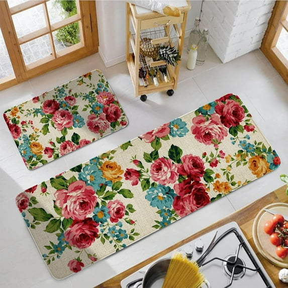 Kitchen Mats for Floor Set of 2 Pieces Kitchen Rugs and Mats Non Skid Washable Kitchen Floor Mat(17" Wx30 L+17" Wx 47" L Pink Red Roses Floral)