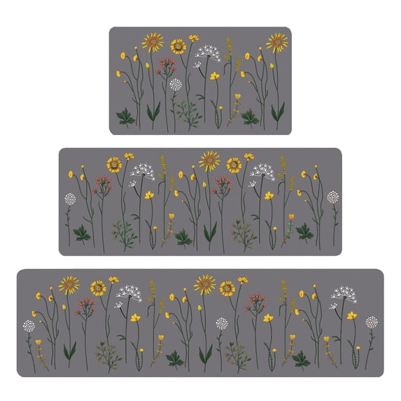 Kitchen Mats for Floor Set of 3, Gray Flower Design Non-Slip Kitchen Anti Fatigue Rugs Washable, 17"x47"+17"x30"+17"x59"