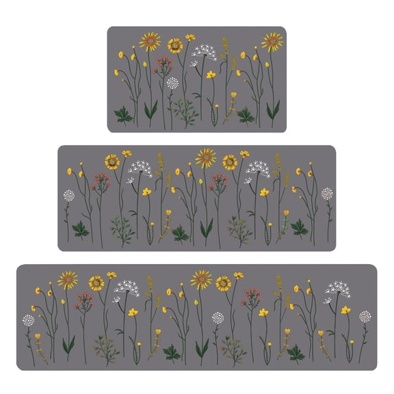 Kitchen Mats for Floor Set of 3, Gray Flower Design Non-Slip Kitchen Anti Fatigue Rugs Washable, 17"x47"+17"x30"+17"x59"