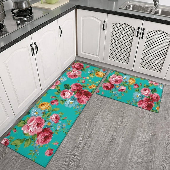 Kitchen Mats for Floor Set of Set of 2s Kitchen Rugs and Mats Non Skid Washable Kitchen Floor Mat (Floral, 17"x47"+17"x30")