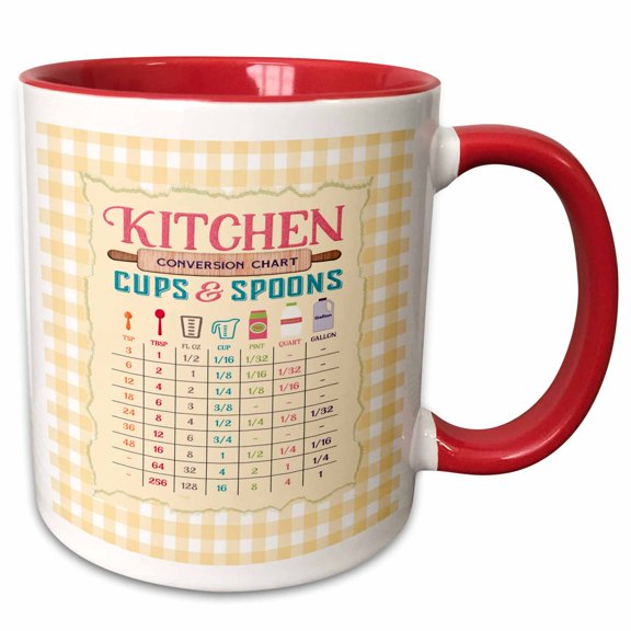 3drose, Kitchen Measurement Conversion Chart, Rolling Pin, Cup, Yellow Gingham, 11oz Two-tone Red Mug