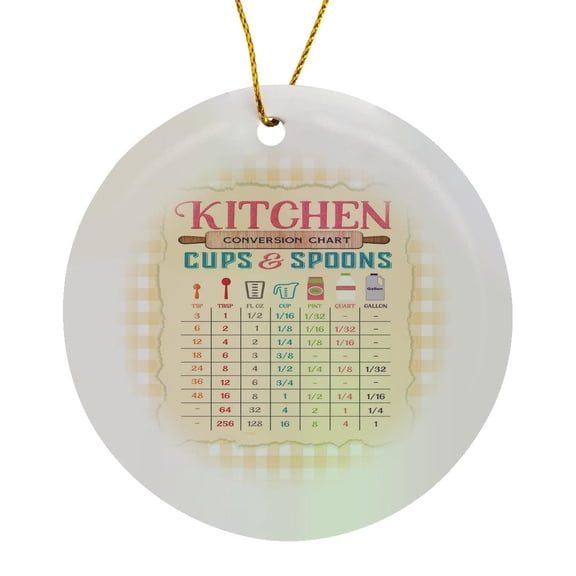 3drose, Kitchen Measurement Conversion Chart, Rolling Pin, Cup, Yellow Gingham, Circle Porcelain Ornament
