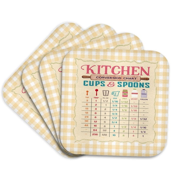 3drose, Kitchen Measurement Conversion Chart, Rolling Pin, Cup, Yellow Gingham, Set of 4 Coasters - Soft