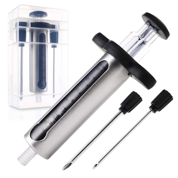 Kitchen Meat Injector, Leak-Proof Stainless Steel Flavor Marinade Syringe with 2 Different Needles and 1.5-oz Measurement Window,Perfect for Smoking, Frying, and Brining Meat for Deep Seasoning