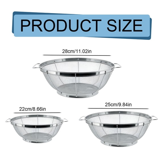 Kitchen Mesh Colander with Resting Base, Stainless Steel Strainer Basket with Double Handles, Quick Dry Perforated Sieve for Rinsing Draining Cooking, Dishwasher Safe, 3 Small Filter Tray