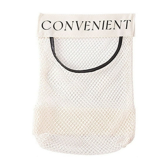 Kitchen Mesh Storage Bag Wall Mounted Large Capacity Plastic Bag Organizer with Sticky Closure for Home Camping Car Travel Durable Stretchable Mesh Pocket