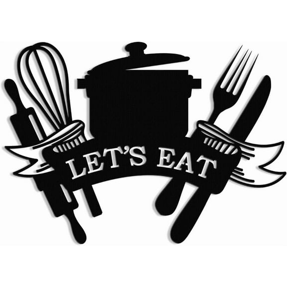 Kitchen Metal Sign, Metal Kitchen Wall Art, Let's Eat Sign for Home Kitchen Dining Living Room Hanging Plaque Decoration. (Black - 14 x 10 inch)